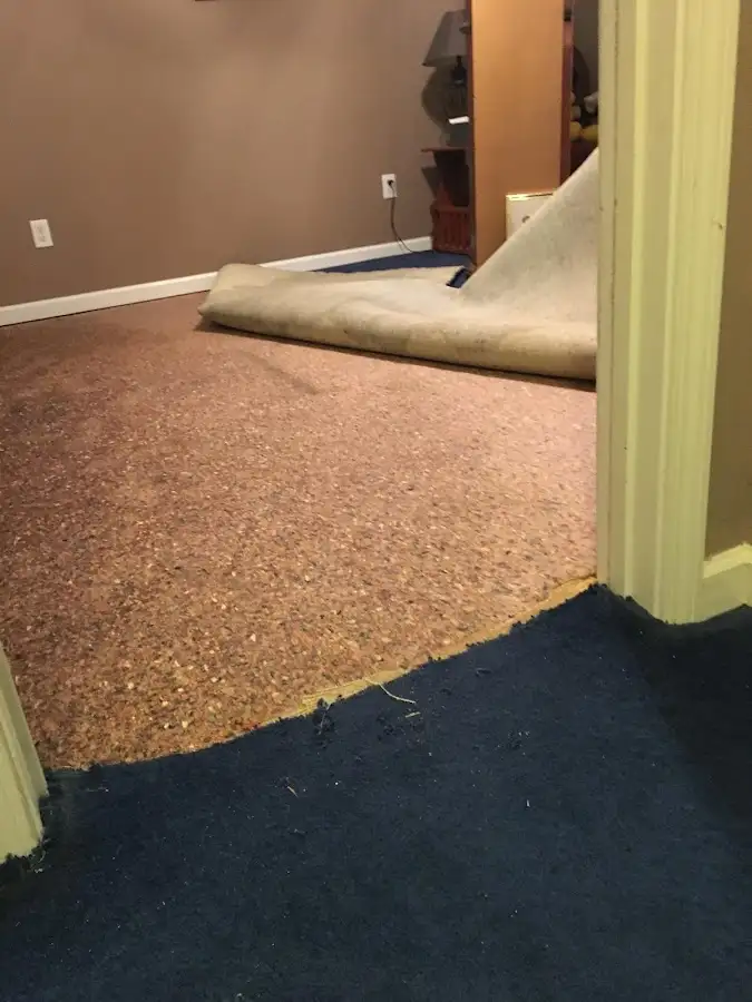 Carpet pad removal revealing water damage during Drying & Dehumidification in Jerome